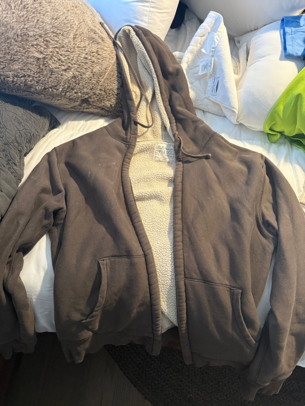 J. Crew Two-Tone Sherpa Fleece Hoodie in Cream and Brown